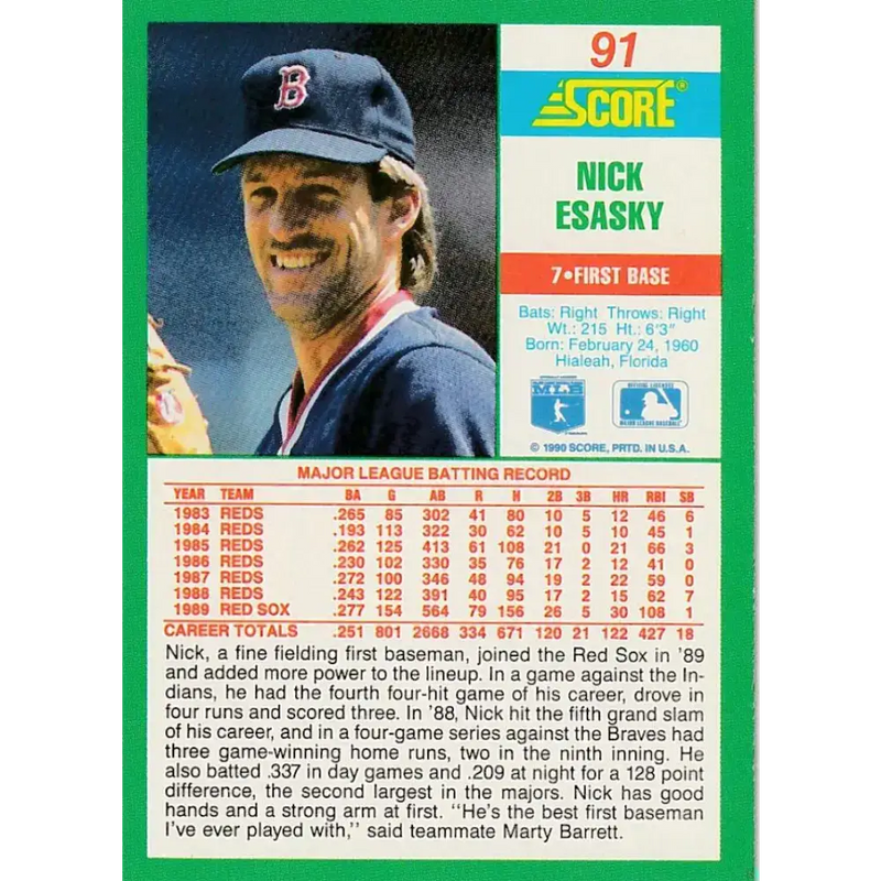 1990 Score #91 Nick Esasky NM-MT Boston Red Sox Baseball Card - Baseball Card Single