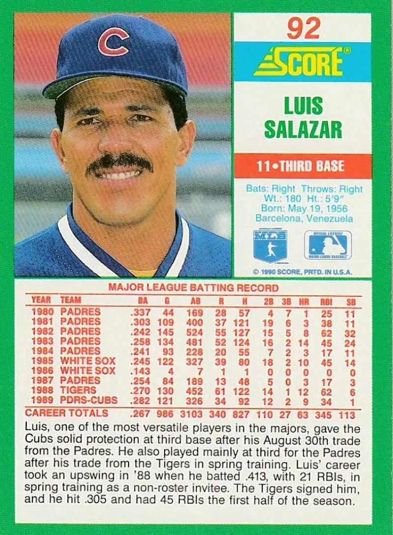 1990 Score #92 Luis Salazar EX Excellent Chicago Cubs Baseball Card - Baseball Card Single