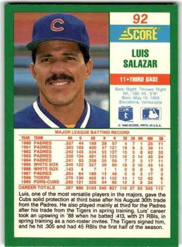 Original gloss Luis Salazar baseball card from 1990 Score #92 featuring Simply Sandoval