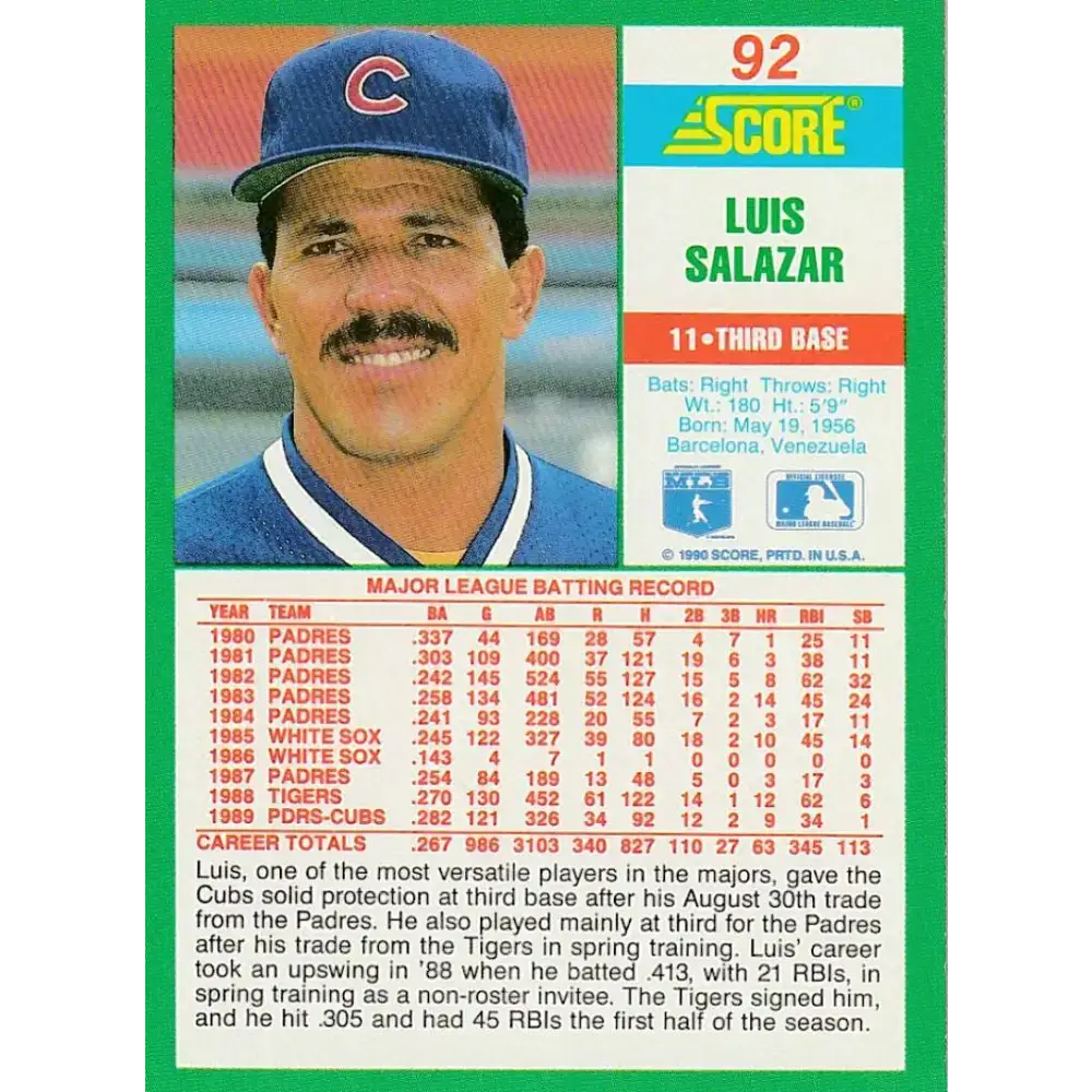 1990 Score #92 Luis Salazar NM-MT Chicago Cubs Baseball Card - Baseball Card Single