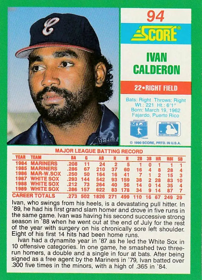 1990 Score #94 Ivan Calderon EX Excellent Chicago White Sox Baseball Card - Baseball Card Single