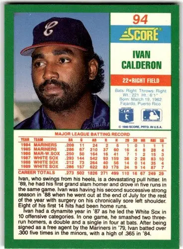 Original gloss Ivan Calderon baseball card from 1990 Score #94 featuring Simply Sandoval