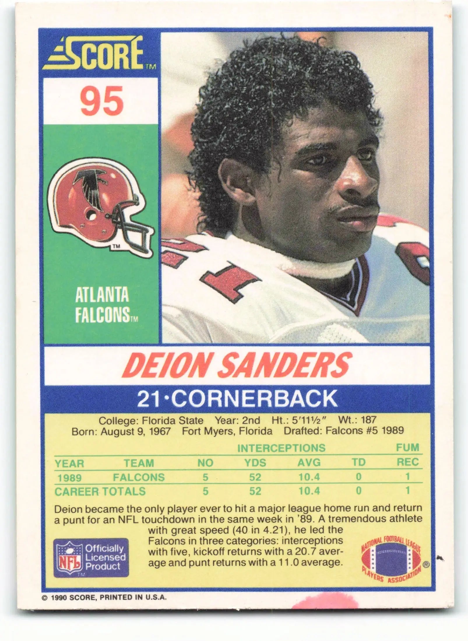 1990 Score #95 Deion Sanders NM-MT Atlanta Falcons Football Card - Football Card Single