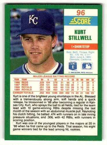 Original gloss Kurt Stillwell Kansas baseball card from 1990 Score #96 Kansas City Royals