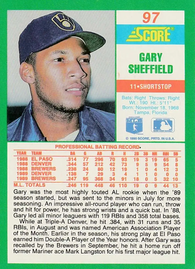 1990 Score #97 Gary Sheffield EX Excellent Milwaukee Brewers Baseball Card - Baseball Card Single