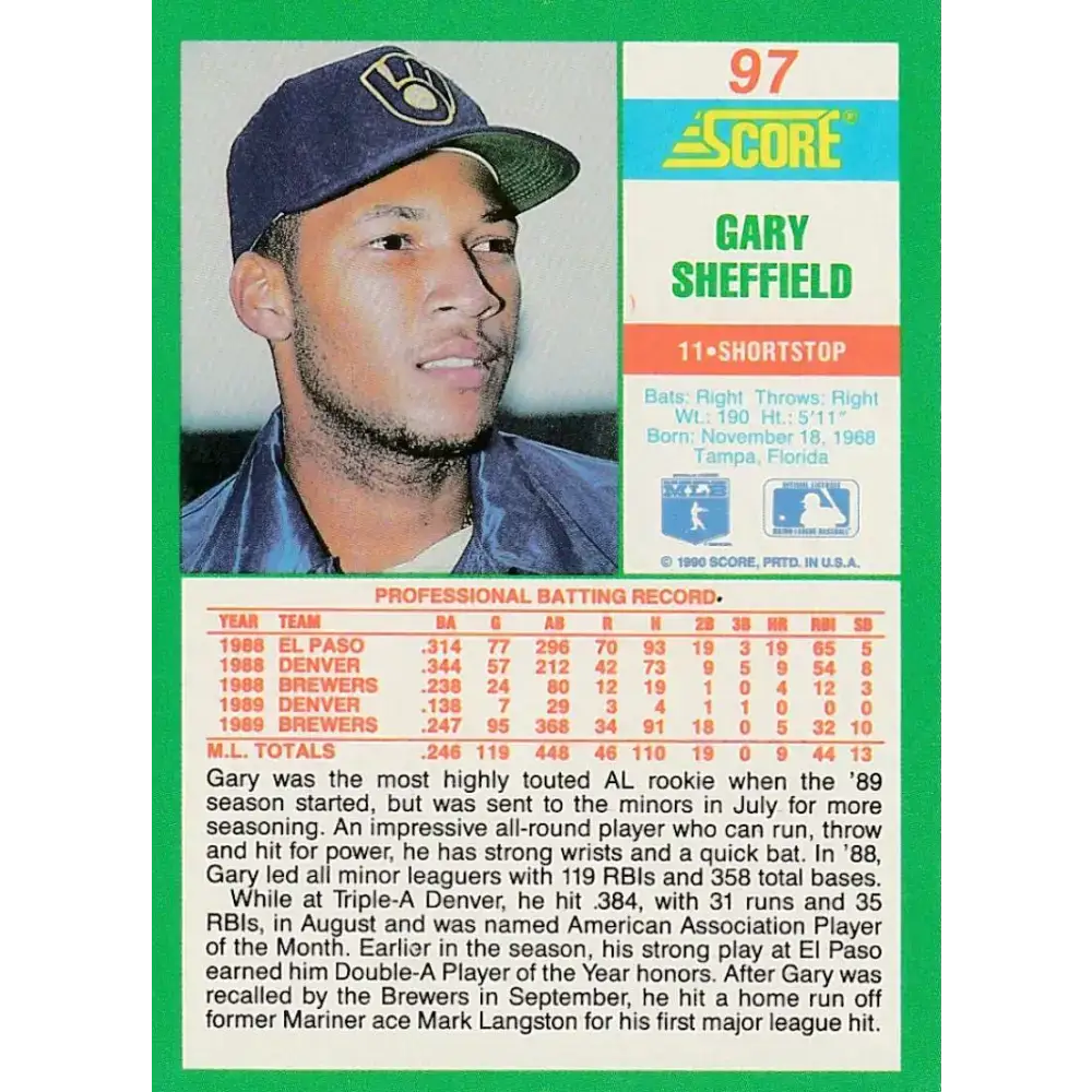 1990 Score #97 Gary Sheffield NM-MT Milwaukee Brewers Baseball Card - Baseball Card Single