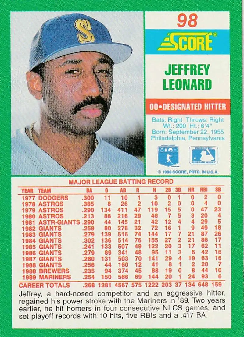 1990 Score #98 Jeffrey Leonard EX Excellent Seattle Mariners Baseball Card - Baseball Card Single