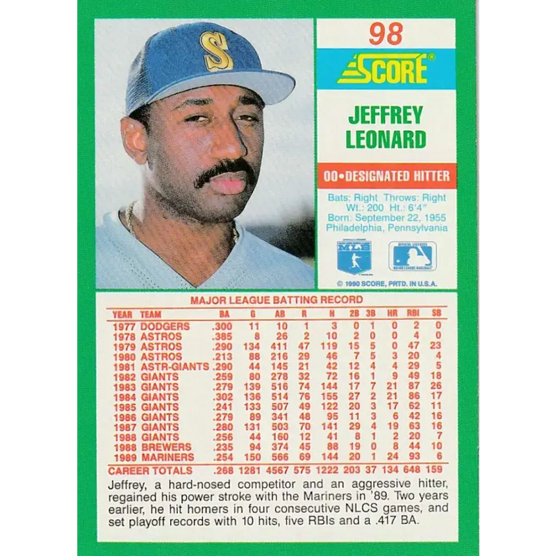 1990 Score #98 Jeffrey Leonard NM-MT Seattle Mariners Baseball Card - Baseball Card Single
