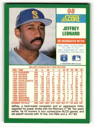 Original gloss Jeffrey Leonard Seattle baseball card from 1990 Score #98 Leonard Seattle Mariners