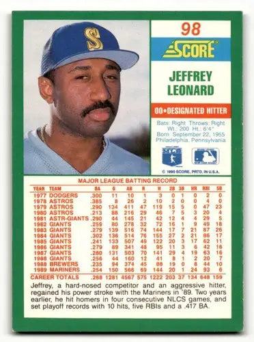 1990 Score #98 Jeffrey Leonard Seattle Mariners Baseball Cards EX/NM ID:58537 - Baseball Card Single