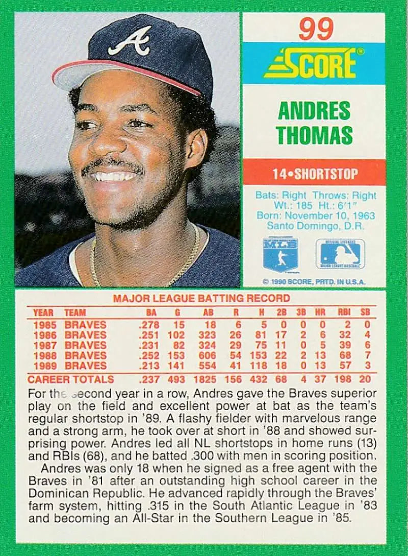1990 Score #99 Andres Thomas EX Excellent Atlanta Braves Baseball Card