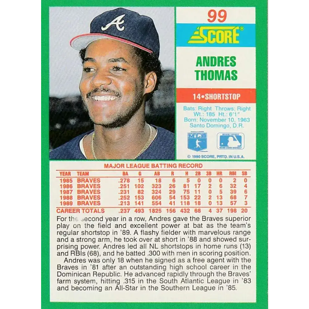 1990 Score #99 Andres Thomas NM-MT Atlanta Braves Baseball Card - Baseball Card Single