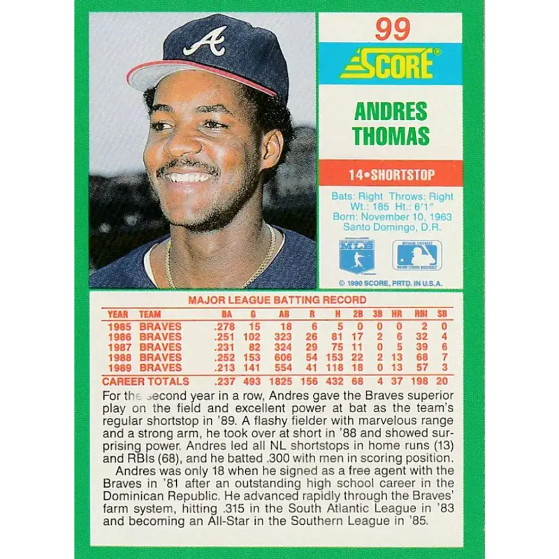 1990 Score #99 Andres Thomas NM-MT Atlanta Braves Baseball Card - Baseball Card Single