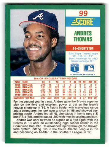 Original gloss Andres Thomas baseball card NM-MT Braves 1990 Score #99