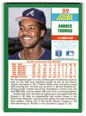 1990 Score #99 Andres Thomas NM-MT Braves ID:70058 - Baseball Card Single