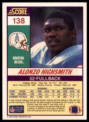 1990 Score Alonzo Highsmith 138 Houston Oilers NM - Football Card Single