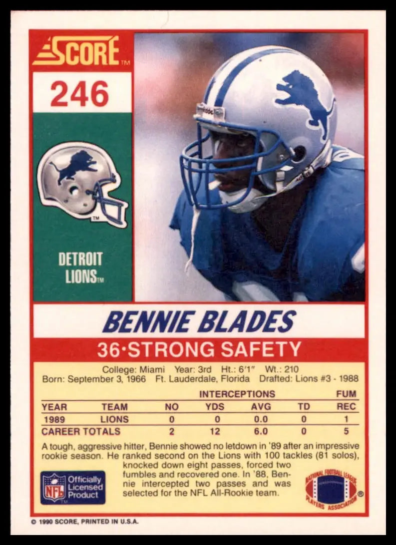 1990 Score Bennie Blades 246 Detroit Lions NM - Football Card Single