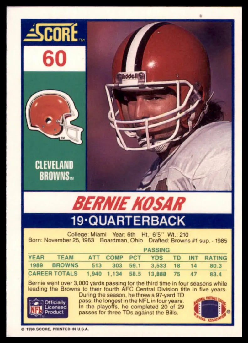 1990 Score Bernie Kosar 60 Cleveland Browns NM - Football Card Single