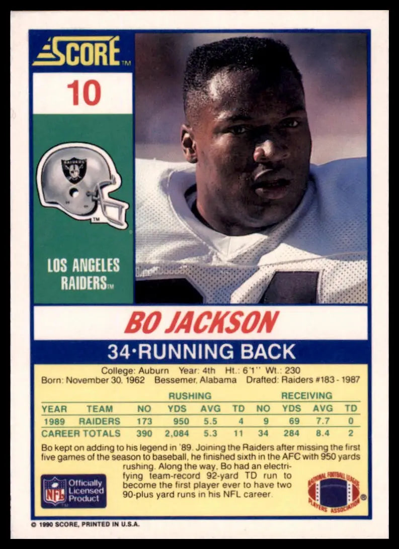 1990 Score Bo Jackson 10 Los Angeles Raiders NM - Football Card Single