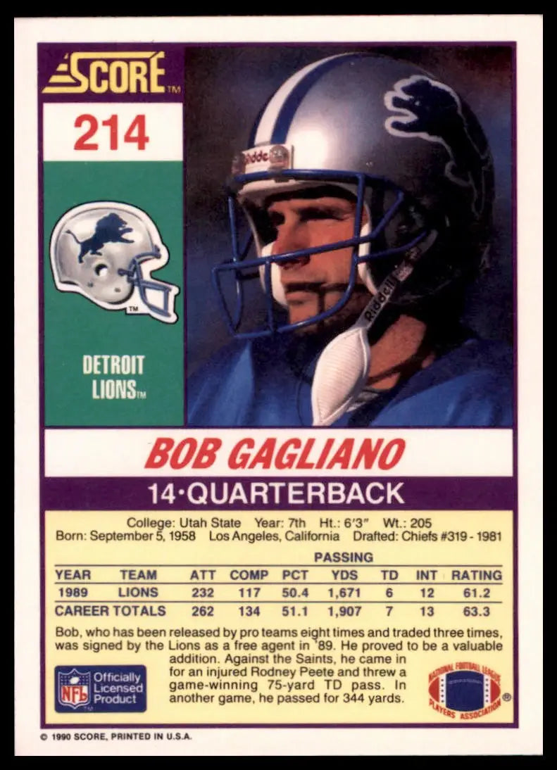 1990 Score Bob Gagliano RC 214 Detroit Lions NM - Football Card Single