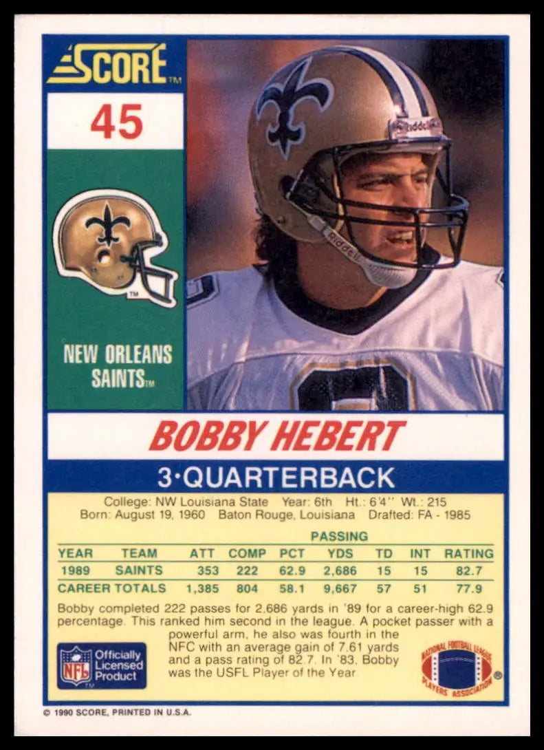 1990 Score Bobby Hebert 45 New Orleans Saints NM - Football Card Single