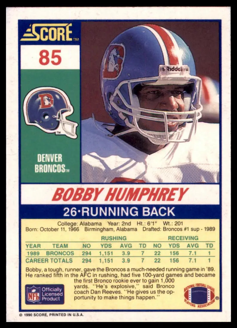 1990 Score Bobby Humphrey 85 Denver Broncos NM - Football Card Single