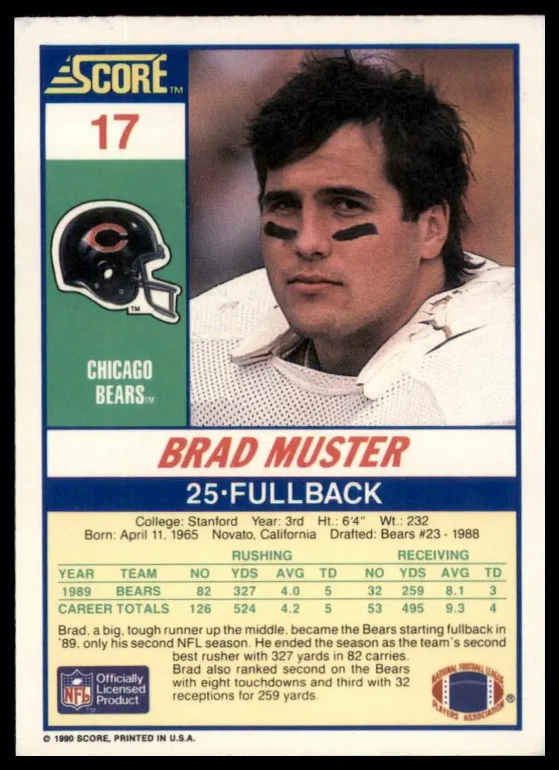 1990 Score Brad Muster #17 Chicago Bears Football Card NFL Sports - Football Card Single