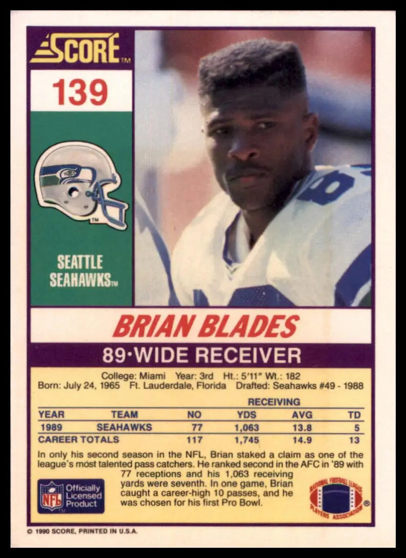 1990 Score Brian Blades 139 Seattle Seahawks NM - Football Card Single