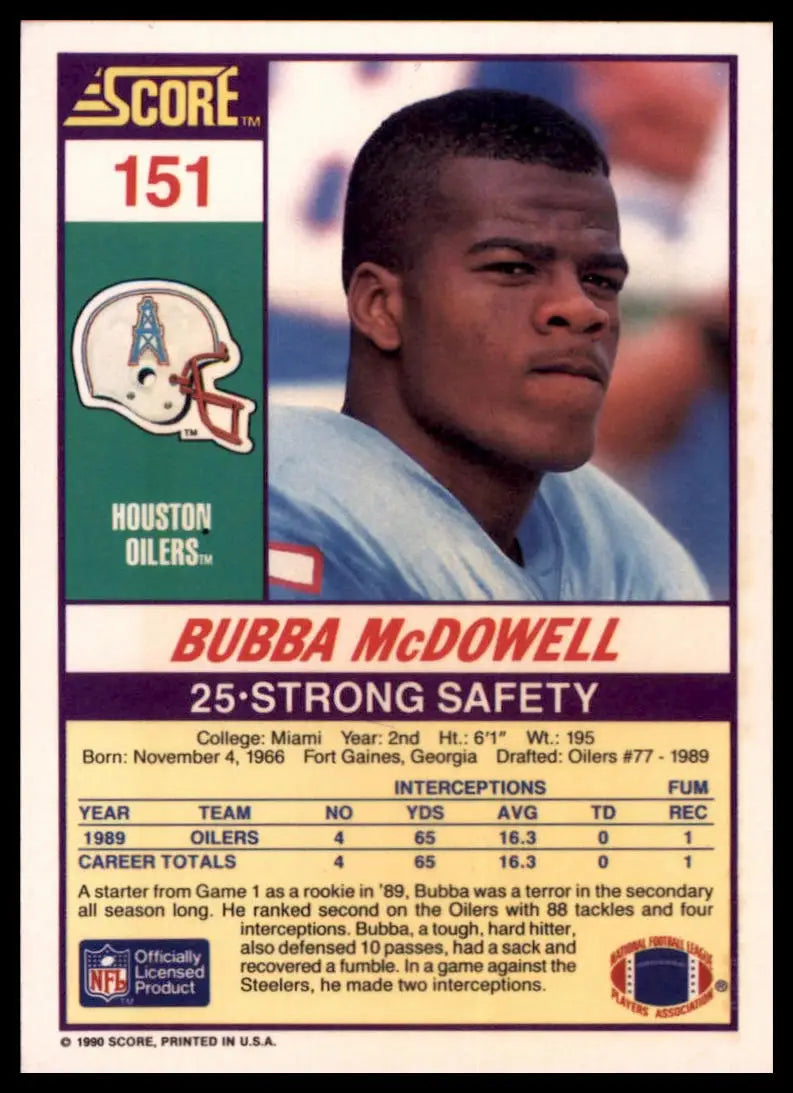 1990 Score Bubba McDowell RC 151 Houston Oilers NM - Football Card Single