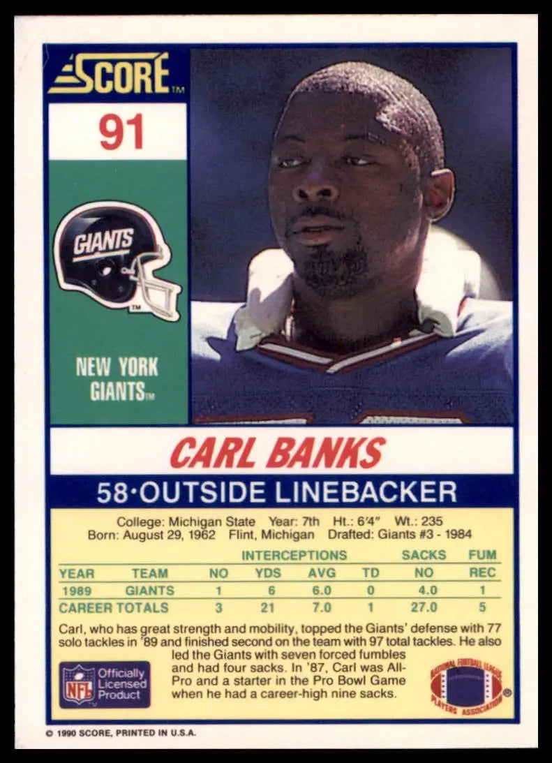 1990 Score Carl Banks 91 New York Giants NM - Football Card Single