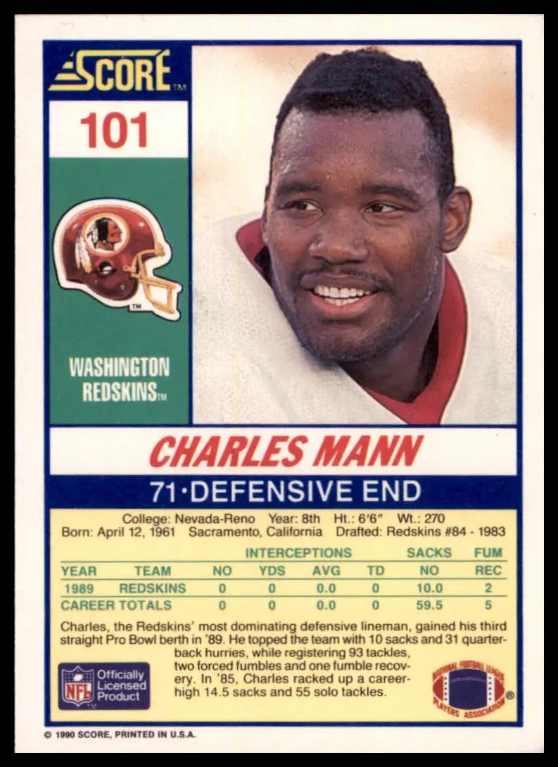 1990 Score Charles Mann 101 Washington Redskins NM - Football Card Single