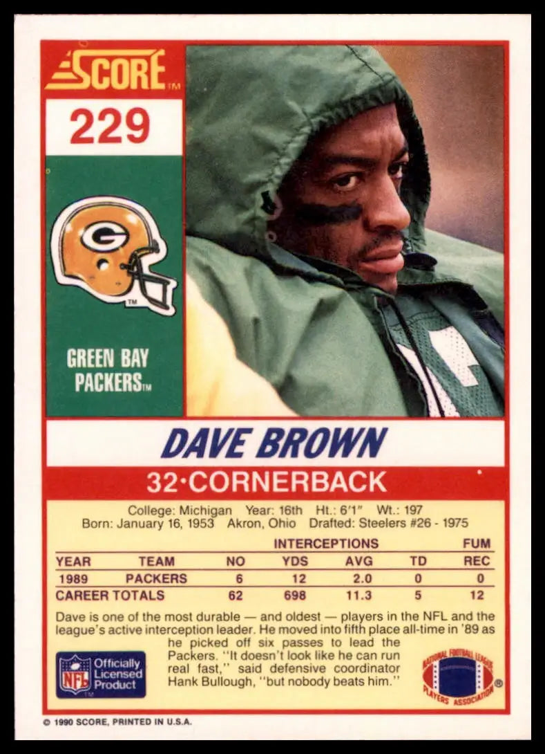1990 Score Dave Brown 229 Green Bay Packers NM - Football Card Single