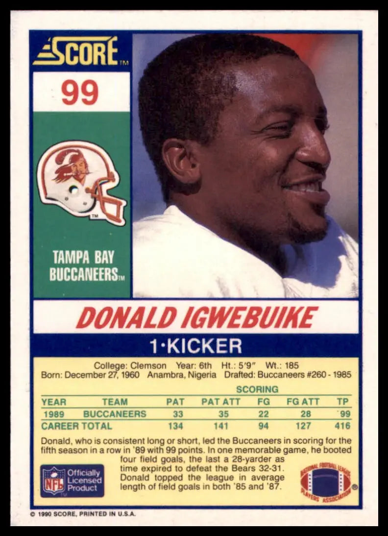 1990 Score Donald Igwebuike 99 Tampa Bay Buccaneers NM - Football Card Single