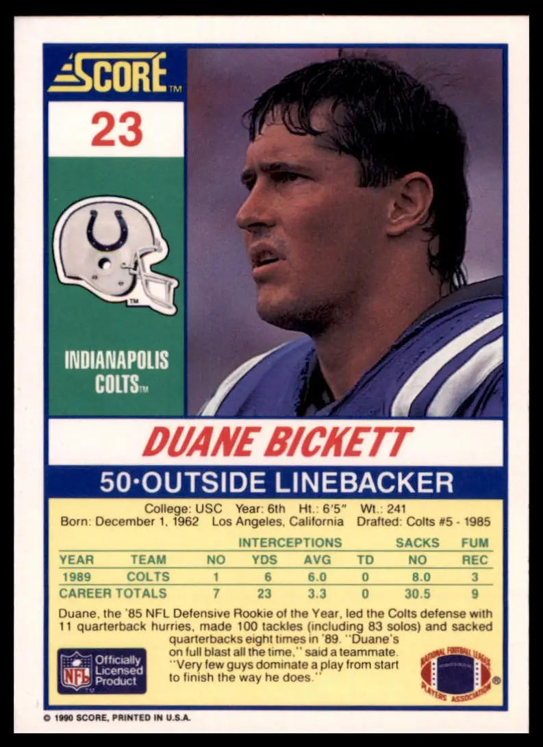 1990 Score Duane Bickett 23 Indianapolis Colts NM - Football Card Single