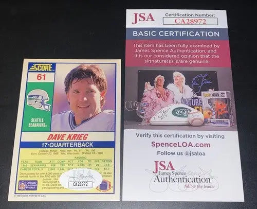 1990 Score Football #61 Dave Krieg Signed Autograph JSA Auto Seattle Seahawks QB - Football Card Single