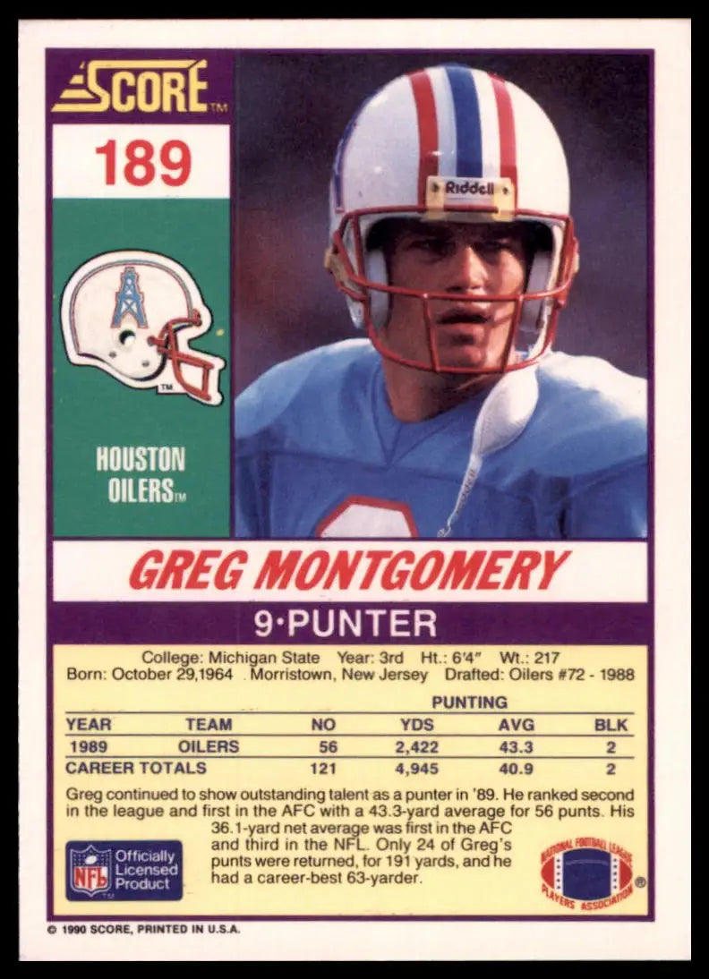 1990 Score Greg Montgomery RC 189 Houston Oilers NM - Football Card Single