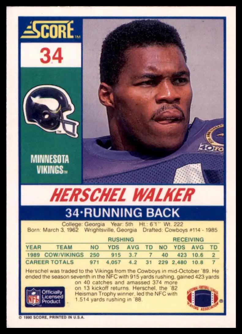 1990 Score Herschel Walker 34 Minnesota Vikings NM - Football Card Single