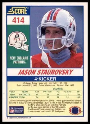 1990 Score Jason Staurovsky RC 414 New England Patriots