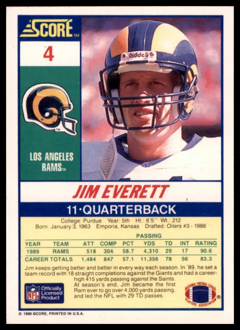 1990 Score Jim Everett 4 Los Angeles Rams NM - Football Card Single