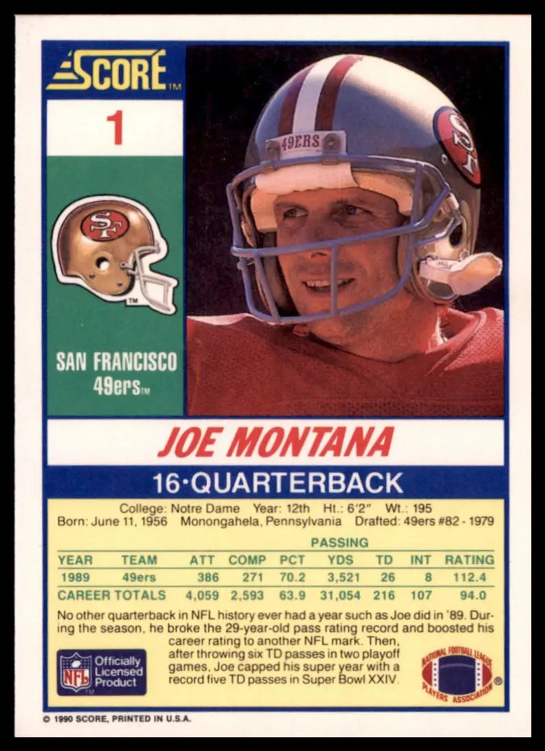 1990 Score Joe Montana 1 San Francisco 49ers NM - Football Card Single