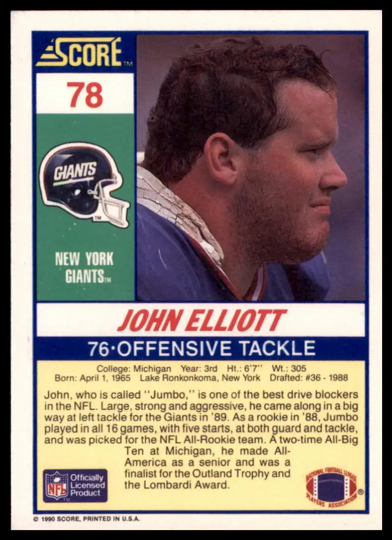 1990 Score John Elliott 78 New York Giants NM - Football Card Single