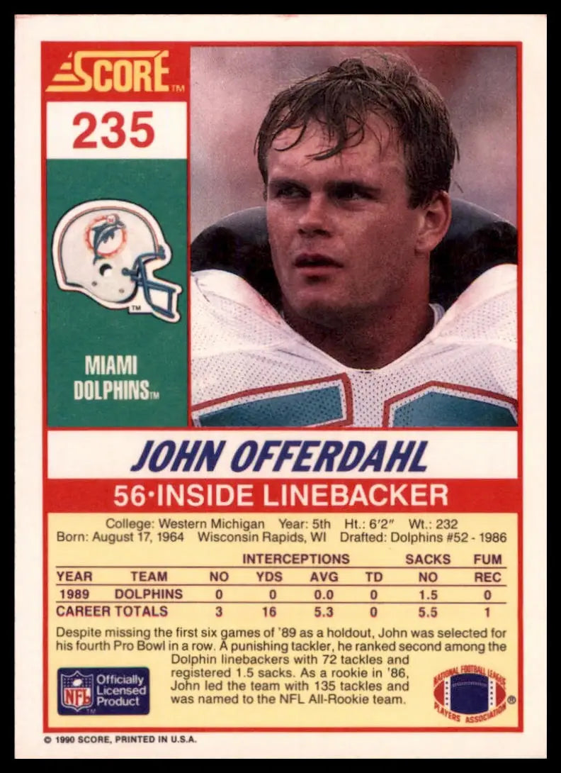 1990 Score John Offerdahl 235 Miami Dolphins NM - Football Card Single