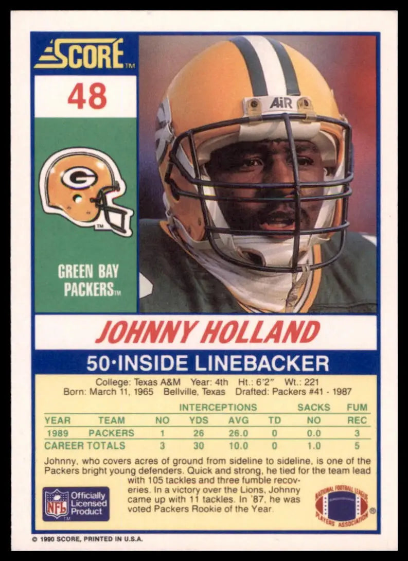 1990 Score Johnny Holland 48 Green Bay Packers NM - Football Card Single