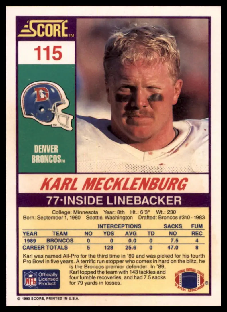 1990 Score Karl Mecklenburg 115 Denver Broncos NM - Football Card Single