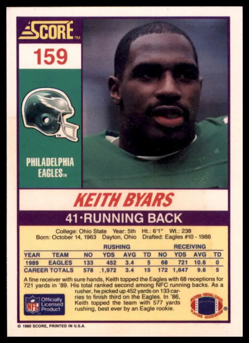 1990 Score Keith Byars 159 Philadelphia Eagles NM - Football Card Single