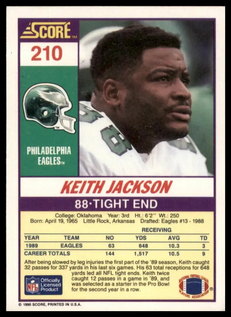 1990 Score Keith Jackson #210 Philadelphia Eagles Football Card NFL Sports - Football Card Single