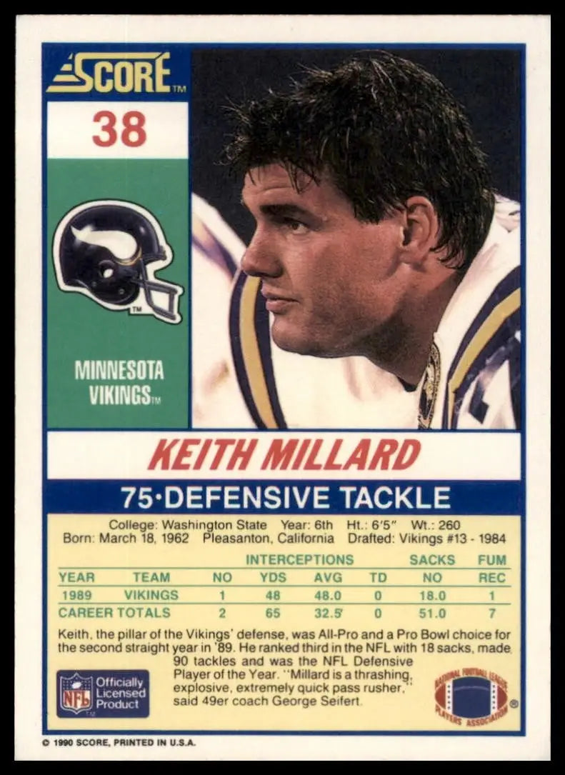 1990 Score Keith Millard #38 Minnesota Vikings Football Card NFL Sports - Football Card Single