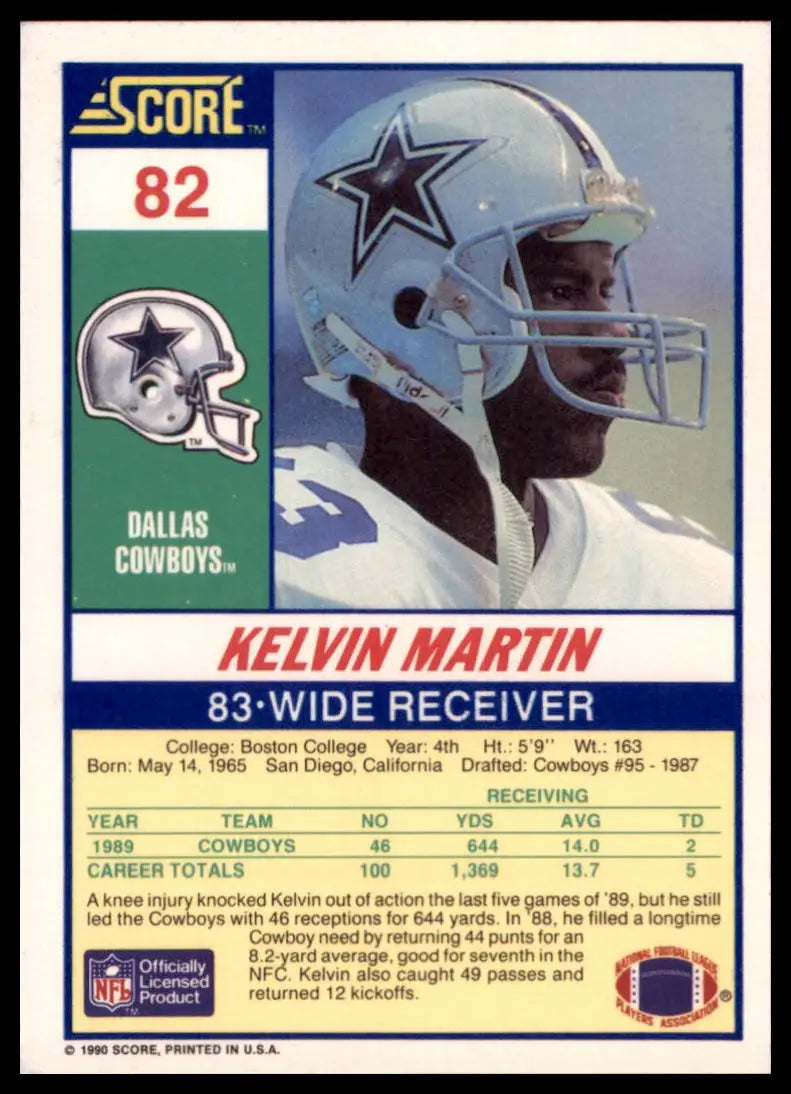 1990 Score Kelvin Martin RC 82 Dallas Cowboys NM - Football Card Single