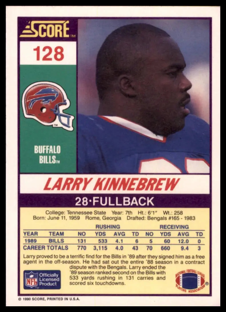 1990 Score Larry Kinnebrew 128 Buffalo Bills NM - Football Card Single
