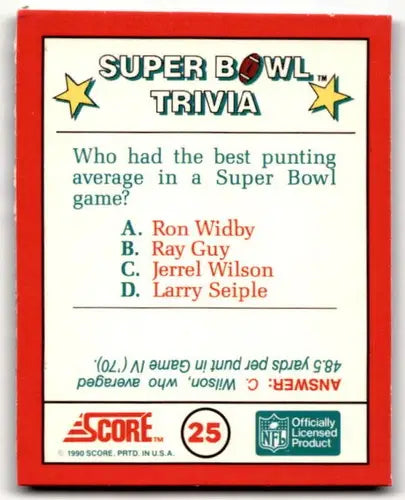 Super Bowl trivia card from 1990 Score Magic Motion Super Bowl trivia collection
